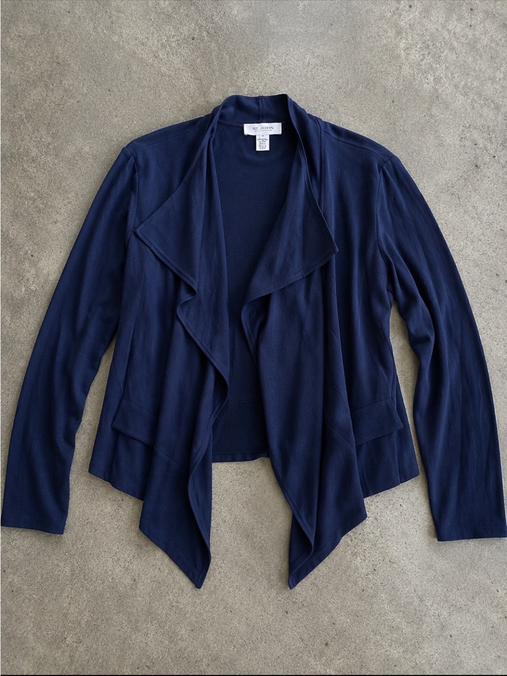 St. John Collection Navy Blue Wool Viscose Waterfall Draped Cardigan Size 14